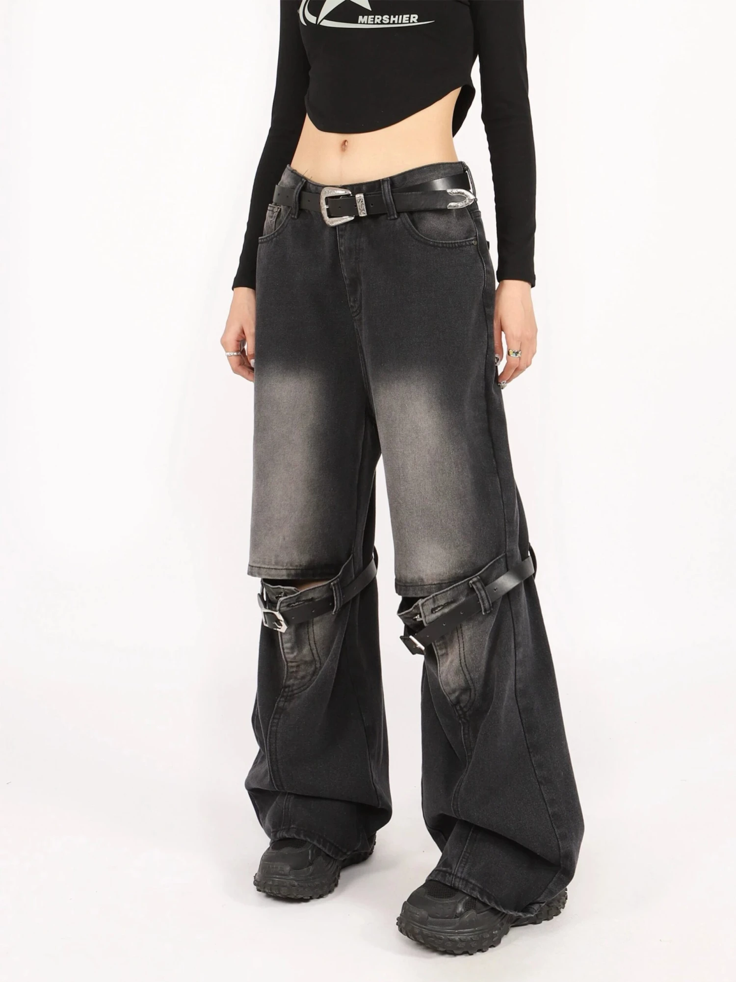 Button Belted Knee-Cutout Straight Faded Jeans 12 Button Belted Knee-Cutout Straight Faded Jeans - Image 12