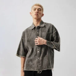 Distressed Crosshatch Button-Up Overshirt With Frayed Hem