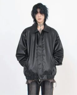 Oversized Zip Leather Jacket With Pockets