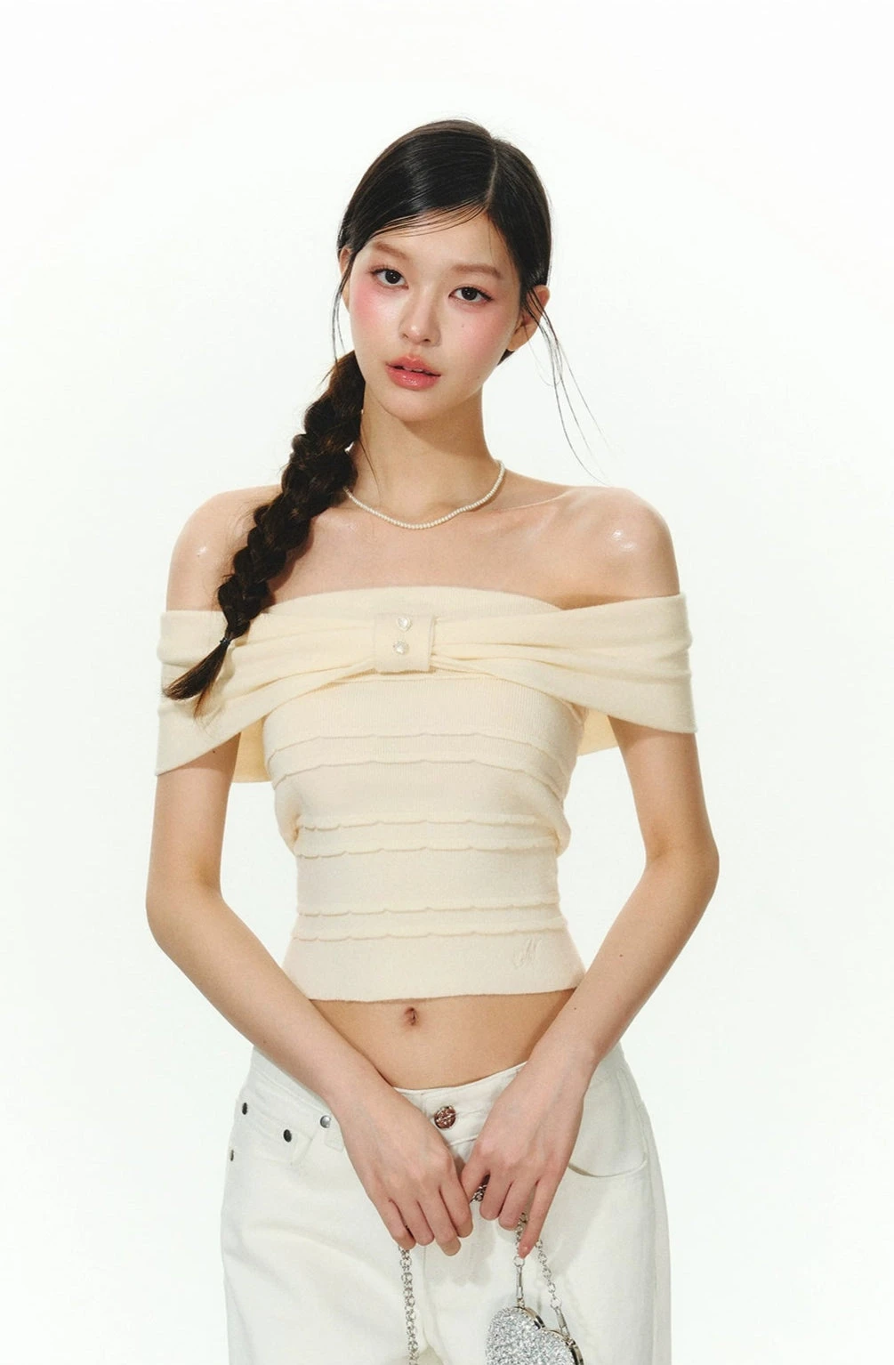 Off Shoulder Crop Top With Layered Detail And Pearl Accent 3 Off Shoulder Crop Top With Layered Detail And Pearl Accent - Image 3