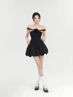 Off-Shoulder Balloon Mini Dress With Floral Accent -Modern Wear Shop fe3fcfd3520bb440040e9dfaf1d67751