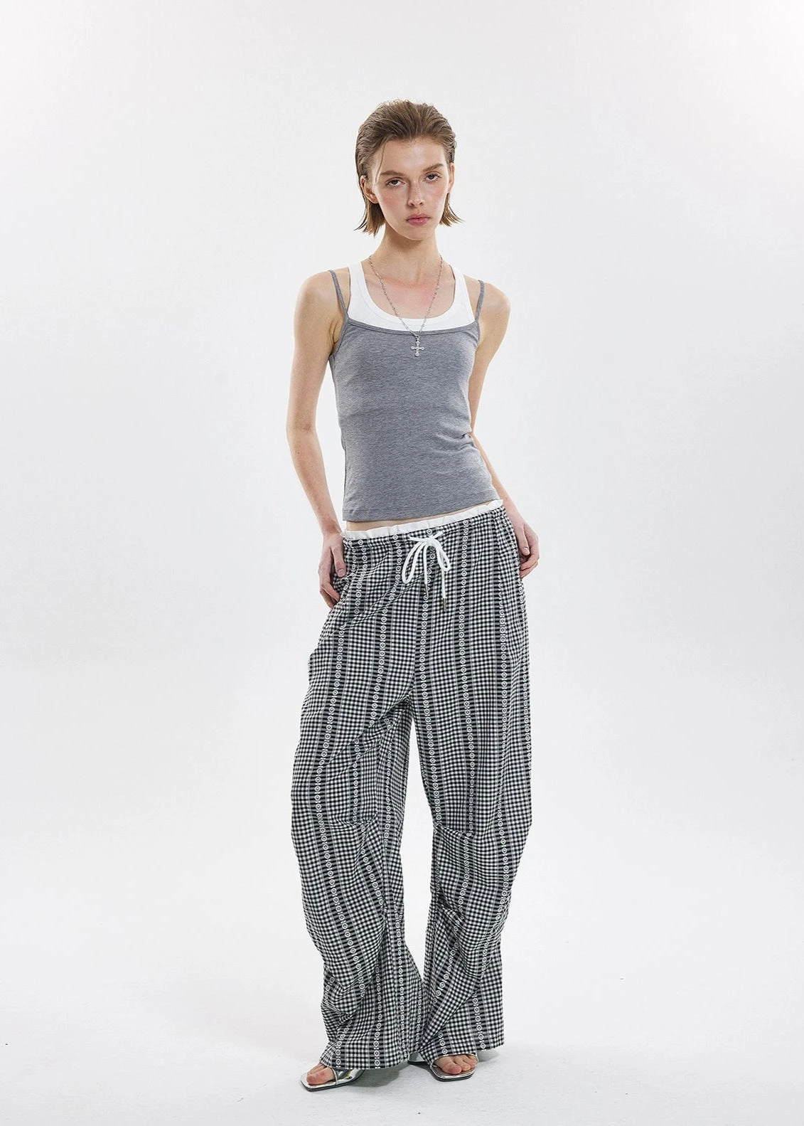 Wide Leg Gingham Drawstring Pants With Eyelet Detail 4 Wide Leg Gingham Drawstring Pants With Eyelet Detail - Image 4