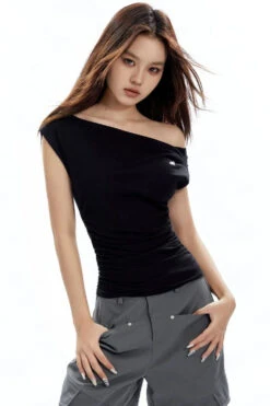 Asymmetrical Neckline Ruched Jersey Top -Modern Wear Shop ff279576ff9088b0db6f3e954eee2fb4