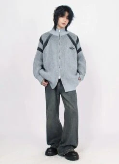 Ribbed High Collar Chevron-Pattern Zip-Up Jacket -Modern Wear Shop ff5e04bb15b74b345e958de3100a826b