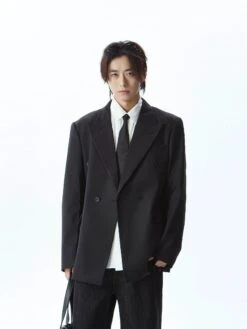 Double Breasted Structured Shoulder Blazer With Wide Lapel -Modern Wear Shop ff9c673bd1a875be17d48957f34e2080