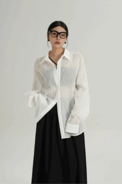 Sheer Wave Texture Long Sleeve Button Top