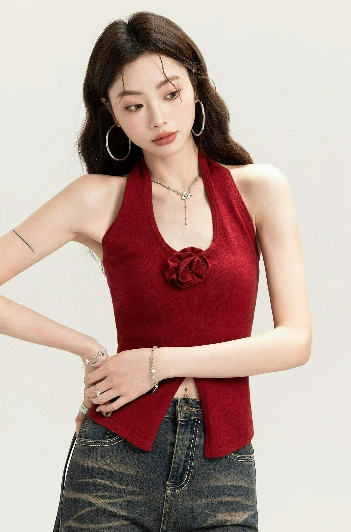 Sleeveless Halter Top With Front Rose Detail 4 Sleeveless Halter Top With Front Rose Detail - Image 4