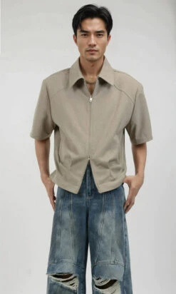 Half Sleeve Zip-Front Collared Shirt