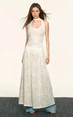 Sheer Floral Halter Neck Maxi Dress With Ruched Front And Scarf Detail