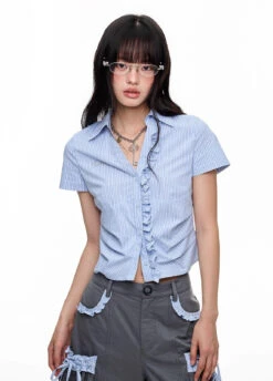 Stripe Ruffle Trim Button-Up Shirt