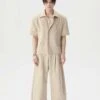Short Sleeve Snap Button Shirt And Wide Leg Pleated Pants Two-Piece Set
