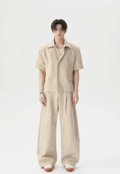 Short Sleeve Snap Button Shirt And Wide Leg Pleated Pants Two-Piece Set