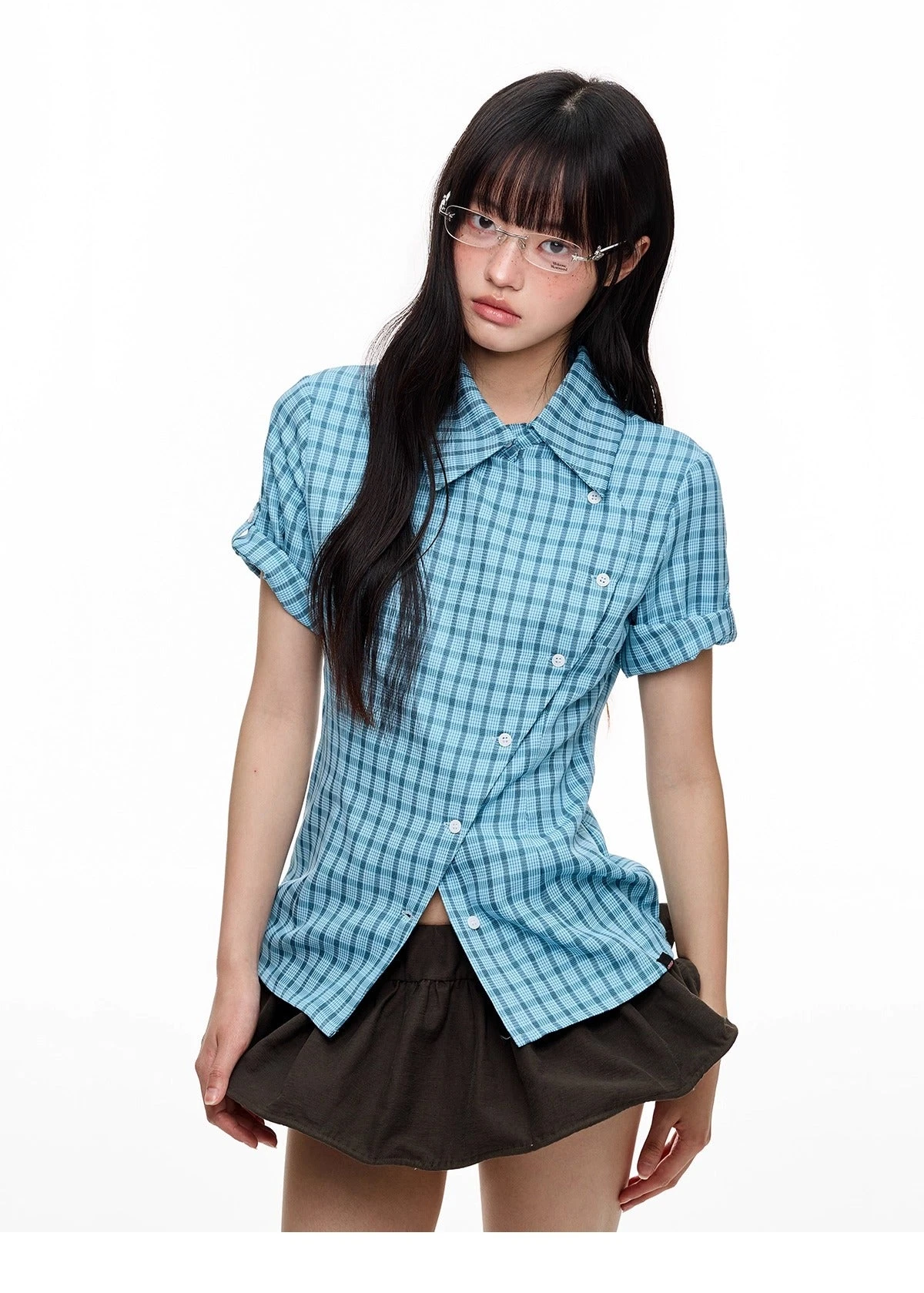 Plaid Asymmetric Button Wrap Top 3 Plaid Asymmetric Button Wrap Top - Image 3