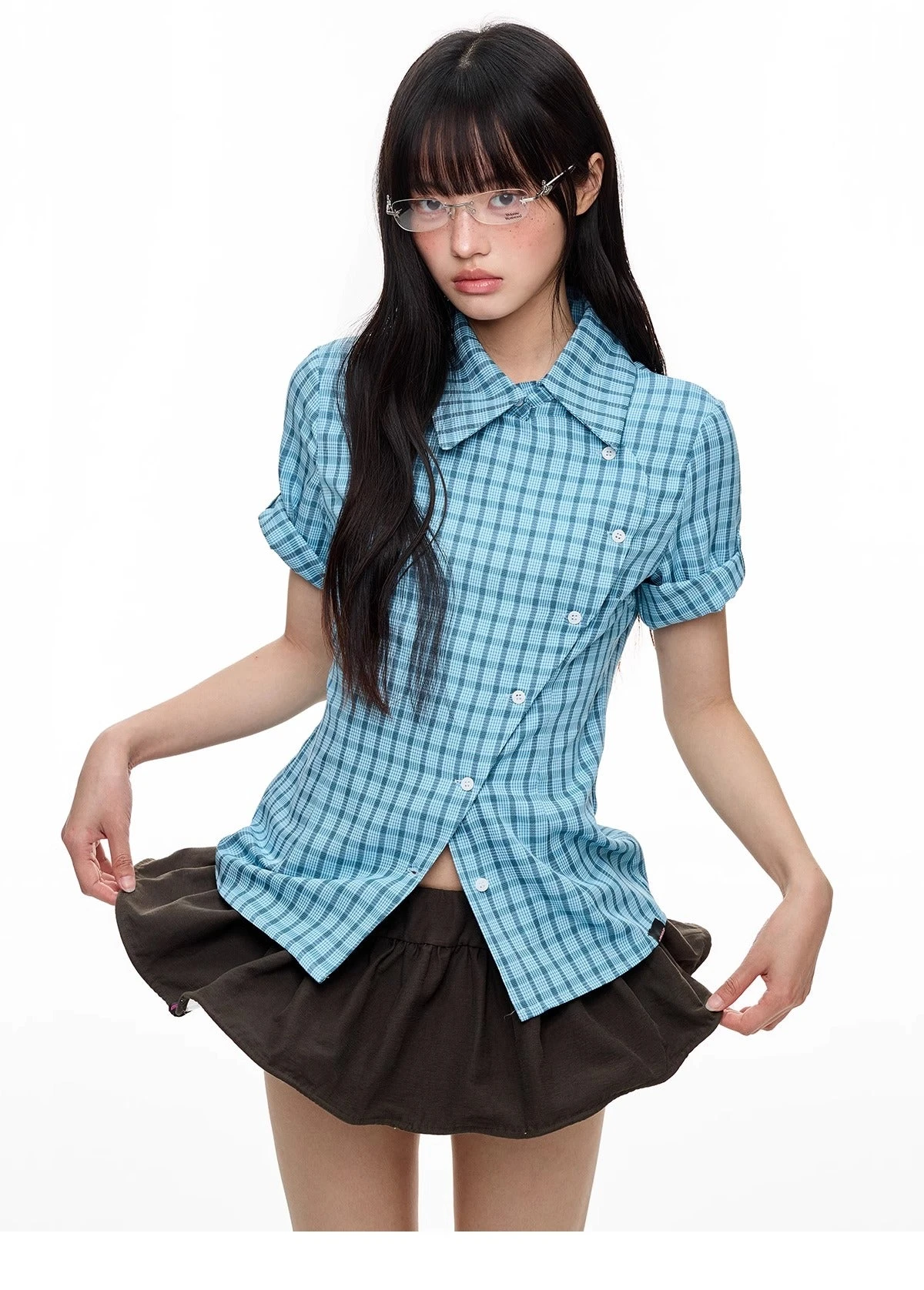 Plaid Asymmetric Button Wrap Top 2 Plaid Asymmetric Button Wrap Top - Image 2