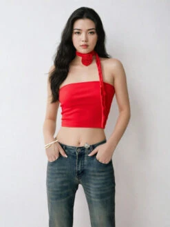 One-Shoulder Ruffled Crop Top With Rose Neck Detail -Modern Wear Shop khiaxFW4McBlGPOS