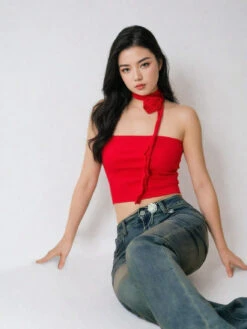 One-Shoulder Ruffled Crop Top With Rose Neck Detail -Modern Wear Shop tEaOMMzms0K8iS o