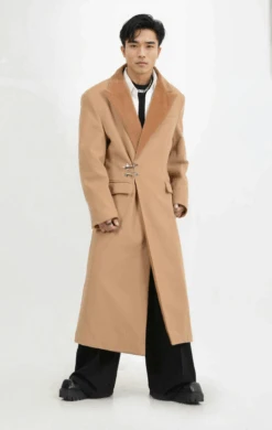 Oversized Velvet-Lapel Long Coat With Metal Buckles -Modern Wear Shop wKrJztEAXyCiCsWOQeGZqg