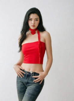 One-Shoulder Ruffled Crop Top With Rose Neck Detail -Modern Wear Shop xqCSRO7S3P1wApRS